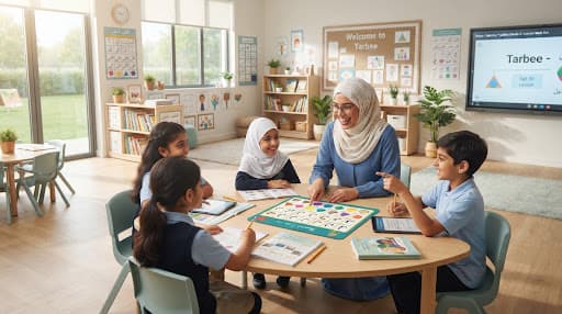 A teacher guiding students through a lesson at a classroom table