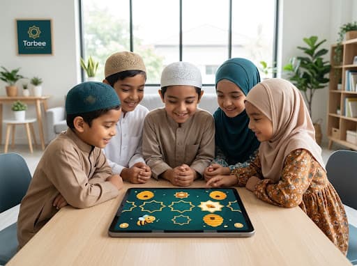 A group of children smiling together as they explore a tablet showing a vibrant TarBee lesson