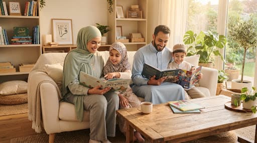 A family reading together on a sofa at home